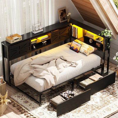 Twin Bed With Bookcase & Drawer, L Shaped Twin Bed Frame With Power Outlet & LED by Wrought Studio