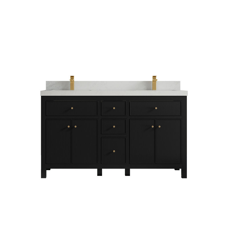 Ensemble de meuble-lavabo double l 60 po, Noir, Quartz de Carrare