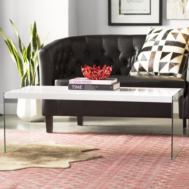 Coffee Table, Accent, Cocktail, Rectangular, Living Room, 44"L, Tempered Glass, Glossy White, Clear, White