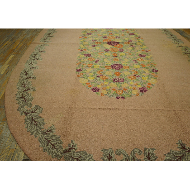 Large Oversized Oval Shape Ivory Antique European Floral Pattern American Hooked Rug