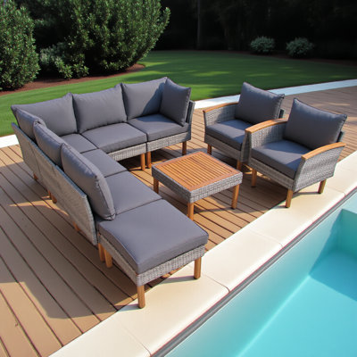 Ensemble de 9 meubles de patio en rotin, ensemble de conversation avec pieds en bois d'acacia et plateau de table, ensemble de canapé modulaire en rotin avec table basse, coussin lavable, gris