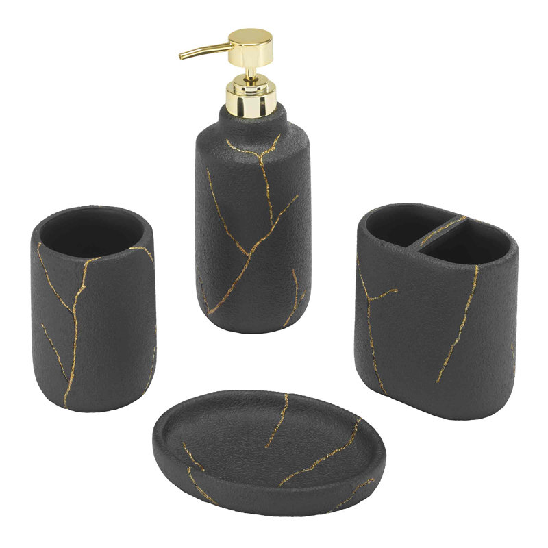 Black and Gold Resin 4-Piece Bathroom Accessory Set