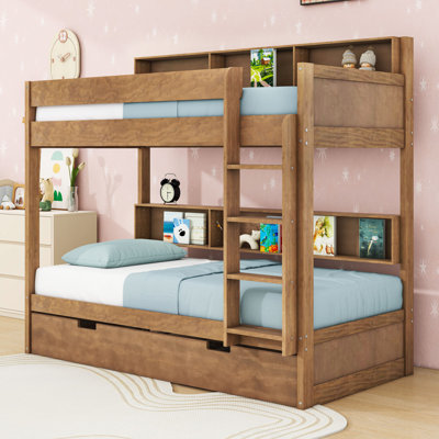 Lit superposé en bois avec lit gigogne simple et tablettes