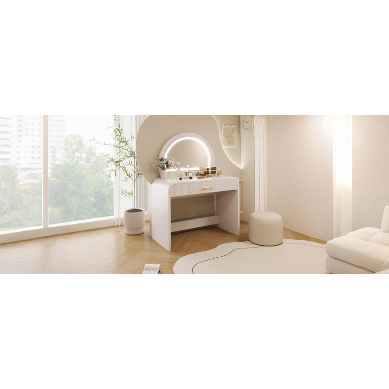 Table de coiffeuse 39 "avec miroir et miroir à écran tactile, coiffeuse avec tiroir pour chambre à coucher, Blanc