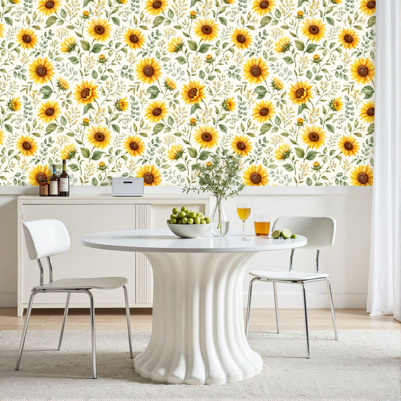 Papier peint pelez et collez, tournesol vibrant, feuilles vertes, fleurs jaunes, l 17,7 po x H 118 po auto-adhésif amovible