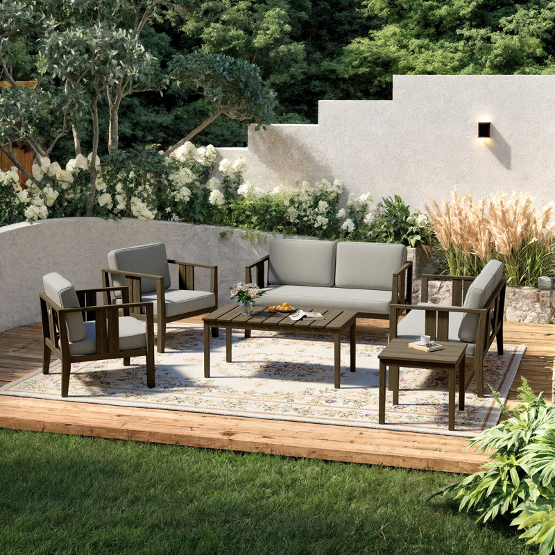 Junco Teak Outdoor Six-person Patio Set With Cushions And Two Tables, Brown, Light Camel