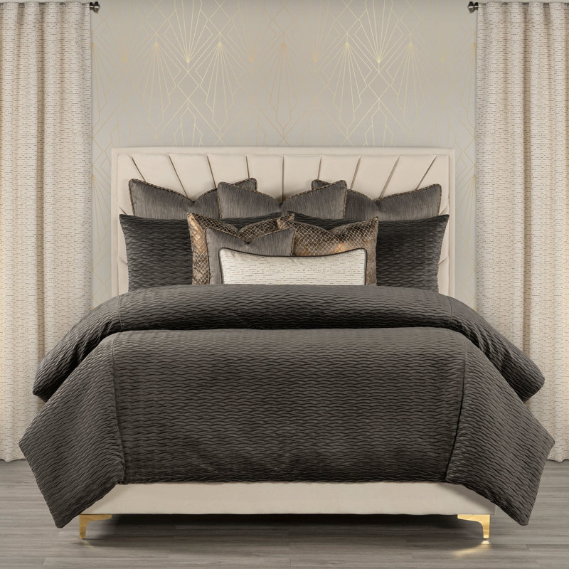 Pleated Velvet Wave Duvet Cover & Insert Set, Cal.King Duvet Cover & Insert+9 Additional Pieces, Graphite