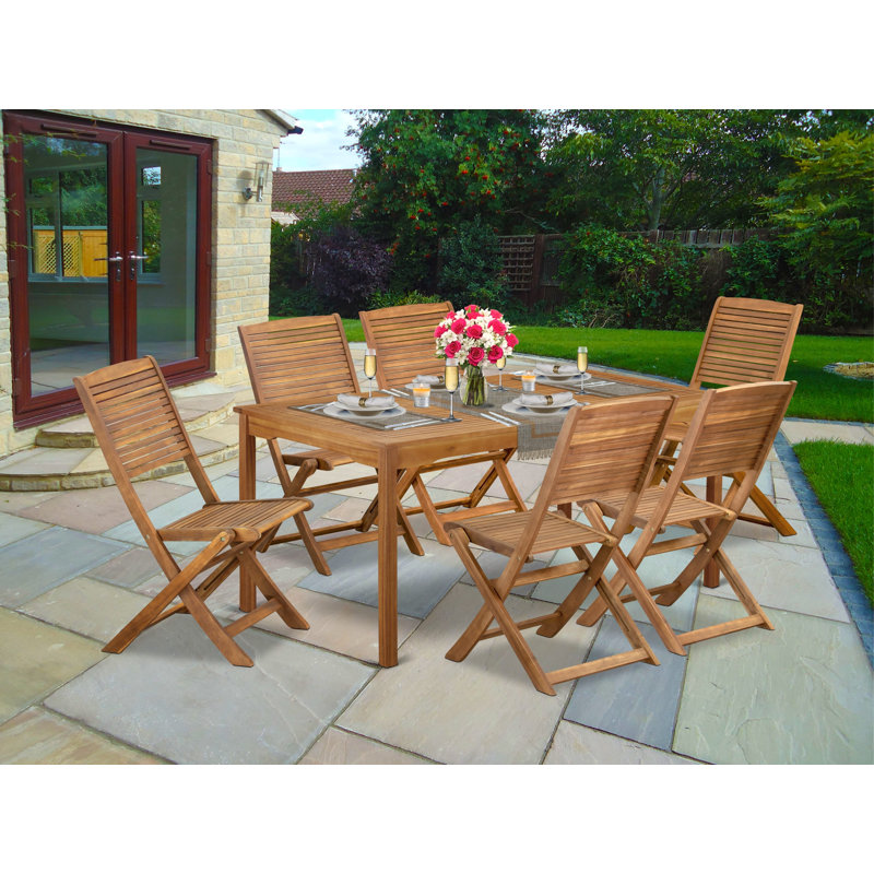 7 Piece Patio Dining Set Consist of a Rectangle Outdoor Acacia Wood Table and 6 Folding Side Chairs, 36x66 Inch, Natural Oil