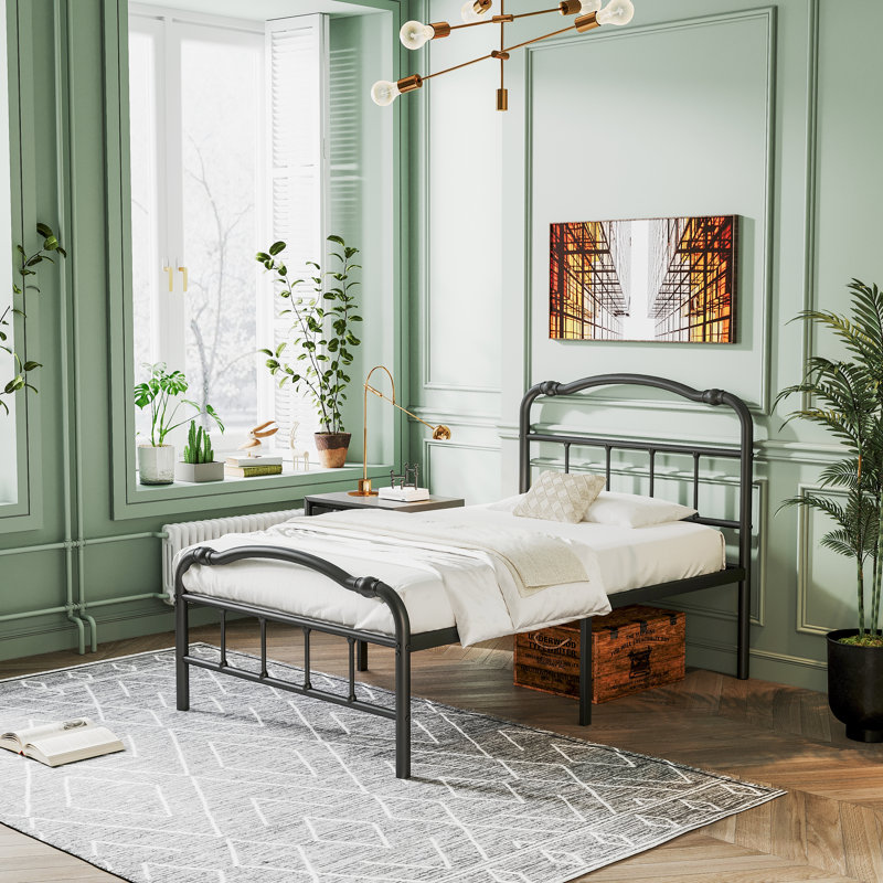 Oley Double Wave Headboard and Footboard Heavy Duty Anti-sway 18in High Steel Tube Iron Bed with Storage, Extra-long Twin