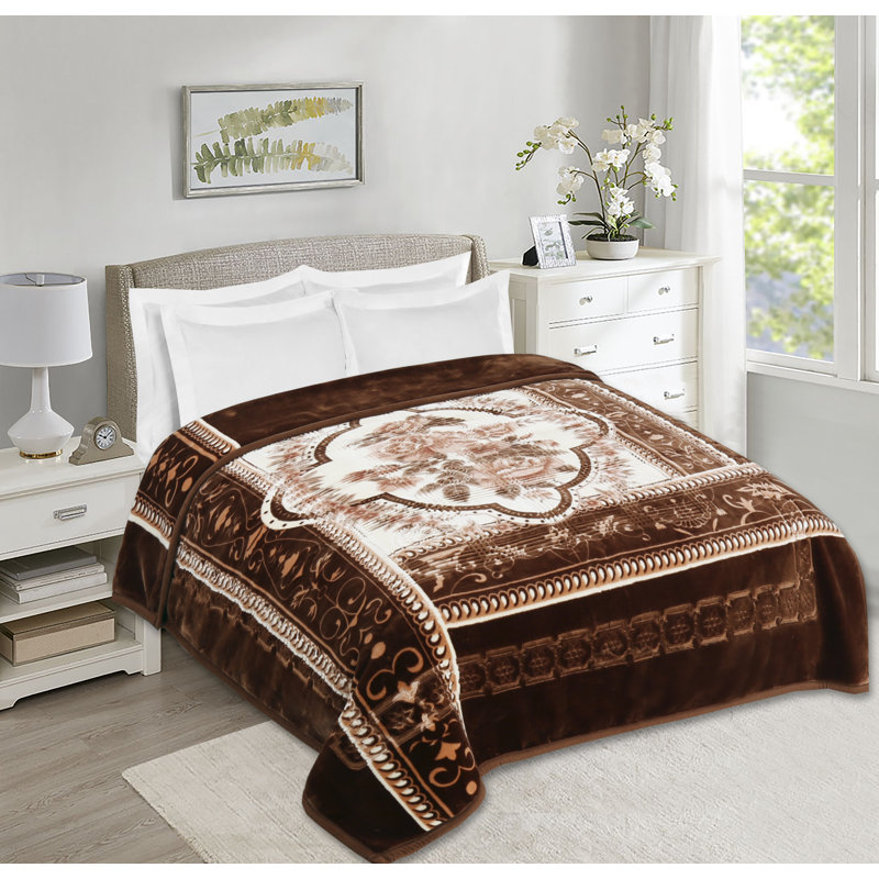 Jeté lourd en peluche, Grand, Floral, Brun