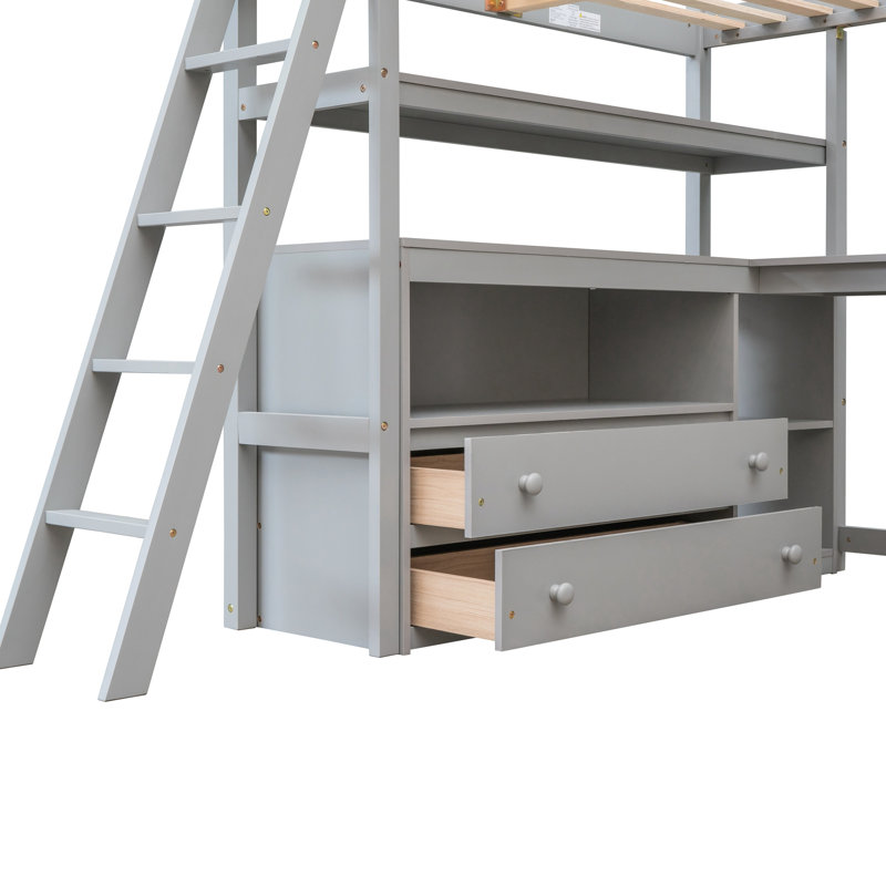 Lit mezzanine double avec bureau, tablettes et structure en bois de pin gris pour une chambre à coucher confortable, Double