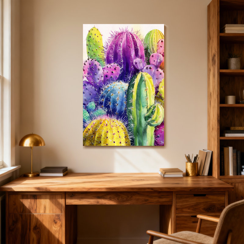 Plantes et fleurs, impression de cactus coloré aquarelle, H 36 po x l 24 po