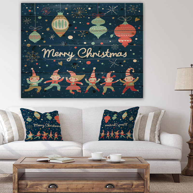 Merry Christmas Dancing Elf Children and Snow Flakes - impression d'art graphique, H 15 po x l 20 po x P 1 po, Bois