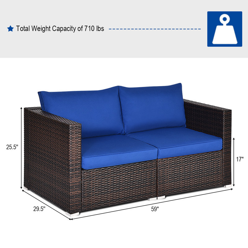 Causeuse en osier de 59 po de largeur avec coussins, Bleu marine