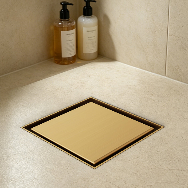 4-Inch Square Shower Drain, Brushed Gold