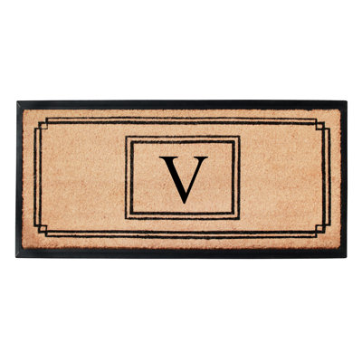 Sholes Monogram Welcome Natural Coir & Rubber Non-Slip Door Mat, 24"x48", Black/Beige, Heavy-Duty Low-Profile Outdoor Front Porch Doormat