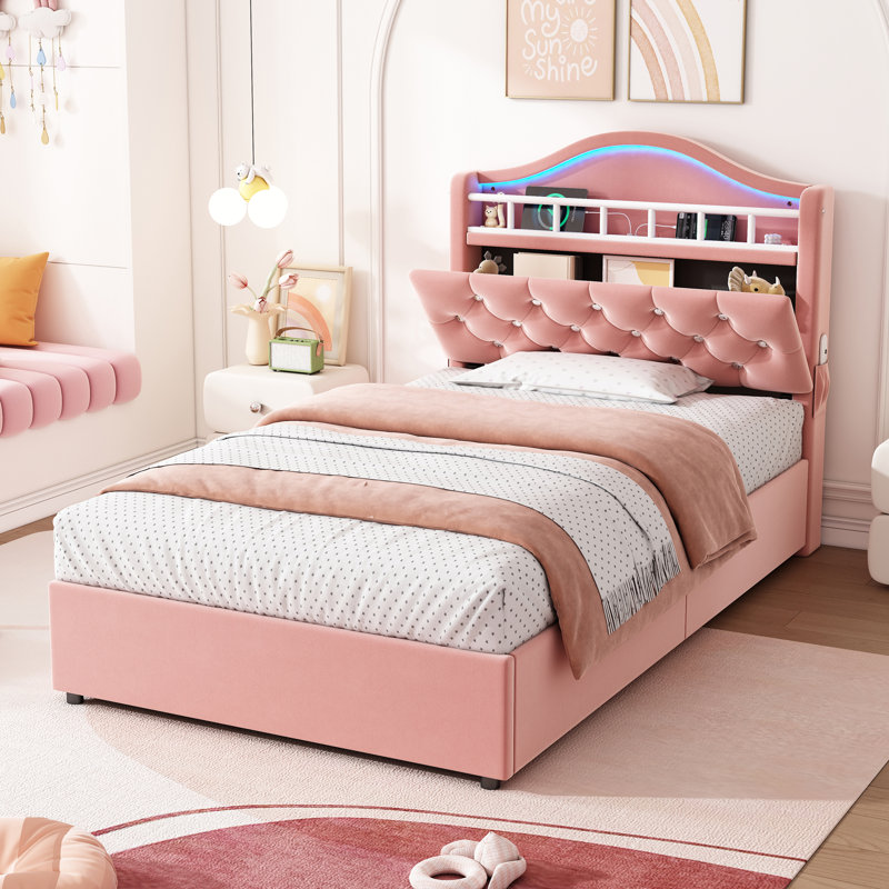 Metal Ottoman Storage Bed, Pink
