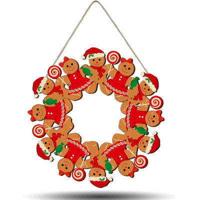 Merry Christmas Gingerbread Man Front Door Wreath, Xmas Wooden Gingerbread Boy Hanging Sign Christmastree Topper Ornament Wall Door Candy Hanger Outdoor Outside Porch Party Decor Supplies