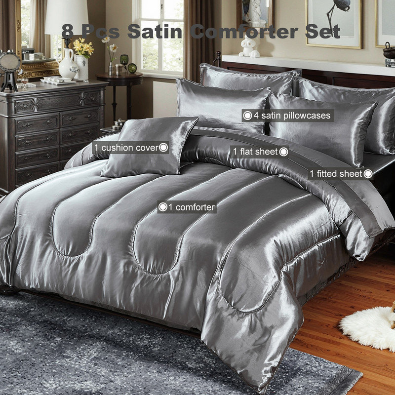 Ensemble d'édredon en satin pour lit très grand 8 pièces Satin Like Grey, Gris, Édredon très grand + 7 pièces supplémentaires
