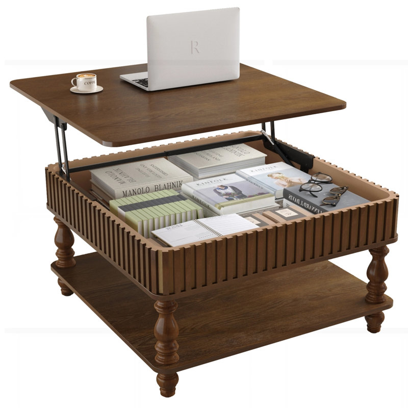 Table basse à plateau relevable cannelé 31,5 pouces avec rangement ouvert et caché, Noyer brun