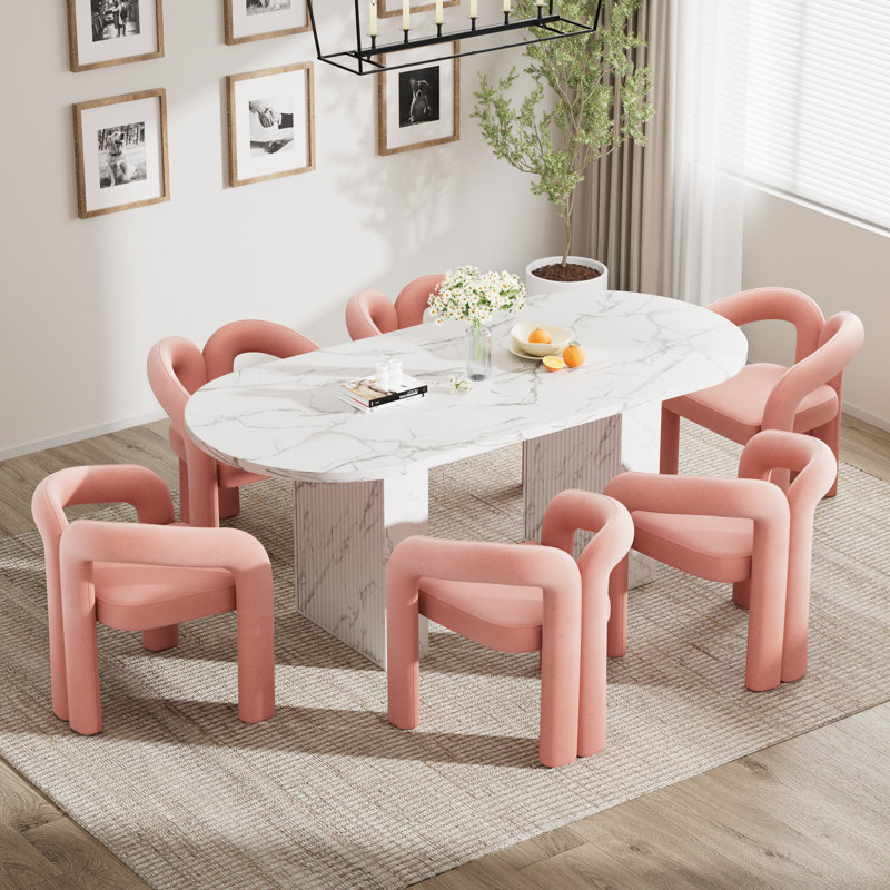 Ensemble de table de salle à manger 62,9 pouces, Blanc, 7 pièces : table, 6 chaises, Rose