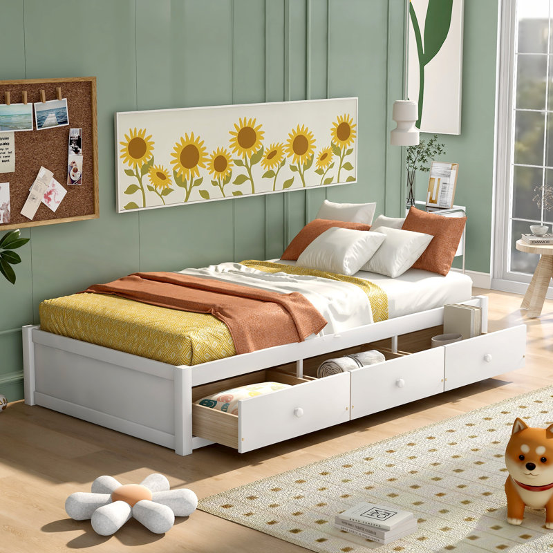 Lit plateforme simple avec rangement et 3 tiroirs, Blanc