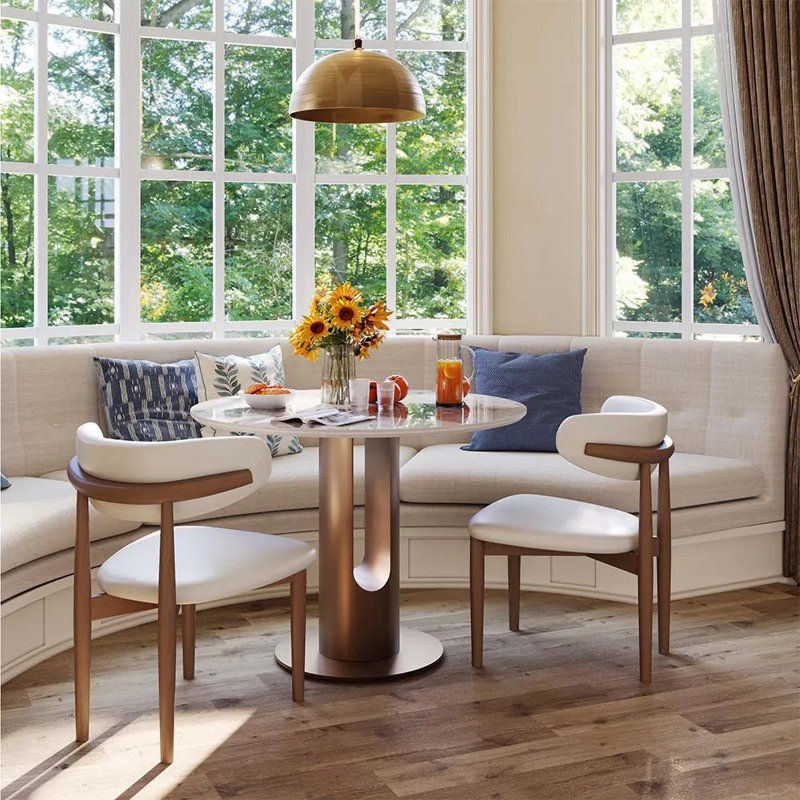 35" Modern Breakfast Nook Table, Small Dining Table For Breakfast Nook & Compact Spaces, Glossy White Sintered Stone Top With Bronze Metal Base