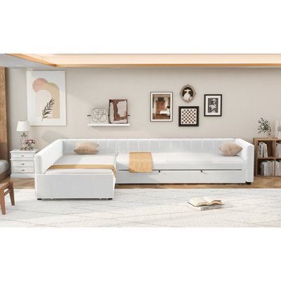 L-Shape Upholstered Double Twin Size Daybed With Trundle And Drawer, Beige(ETA:6.14)