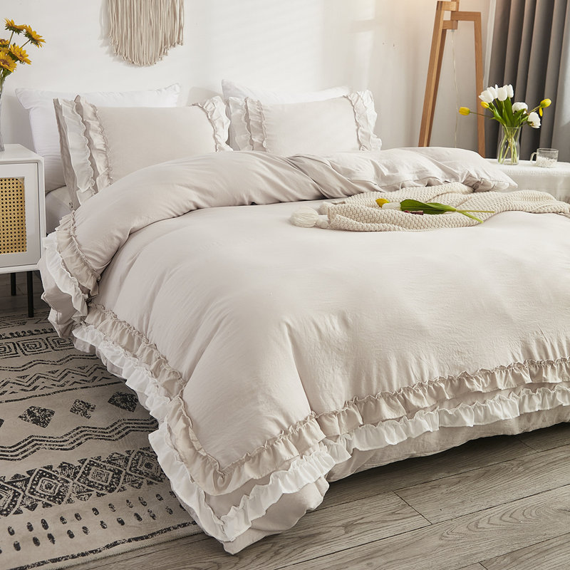  Gray And White Ruffled Duvet Cover Set With Zipper Closure, King Duvet Cover + 2 King Pillowcases