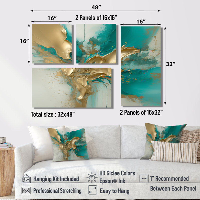 Marbre doré et turquoise Fuild Ink II - art abstrait sur toile marbrée grand 4 pièces, Impression encadrée sans passe-partout