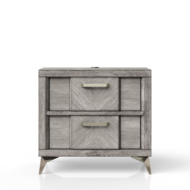 Table de chevet avec 2 tiroirs en placage gris et plateau en stratifié à base en métal