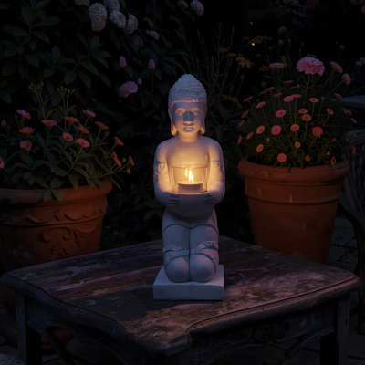 13 in. H Gray Concrete Zen Buddha Garden Statue Tealight Candle Holder Ornament, Resistant