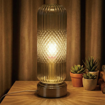 Lampe de table tactile en verre à ondulation avec base en laiton antique