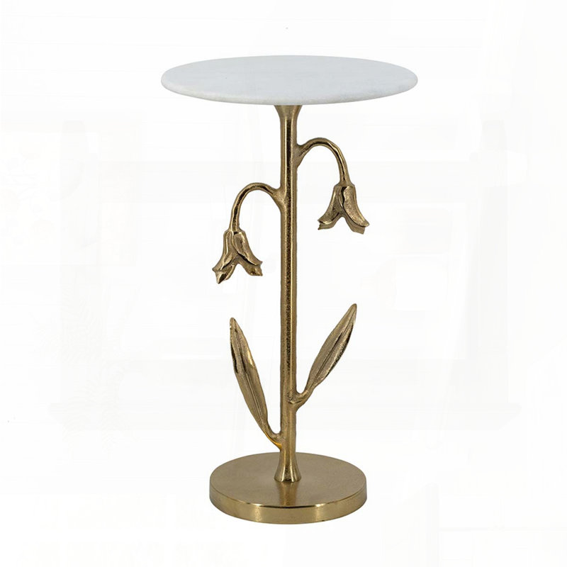 Table d'appoint tulipe dorée avec plateau en marbre blanc - 14 po x 14 po x 24 po
