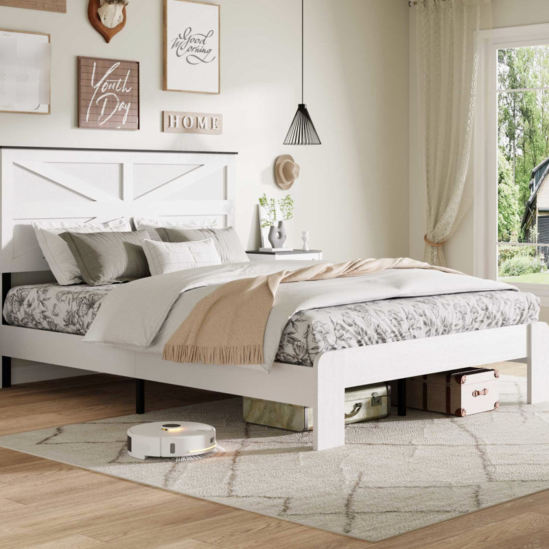 Très grand cadre de lit très grand avec design en métal et en bois blanc, bruit, pas de sommier tapissier, assemblage facile, rangement sous le lit, tête de lit en forme de mi pour la chambre à coucher en blanc, composé de bois, ressorts nécessaires,
