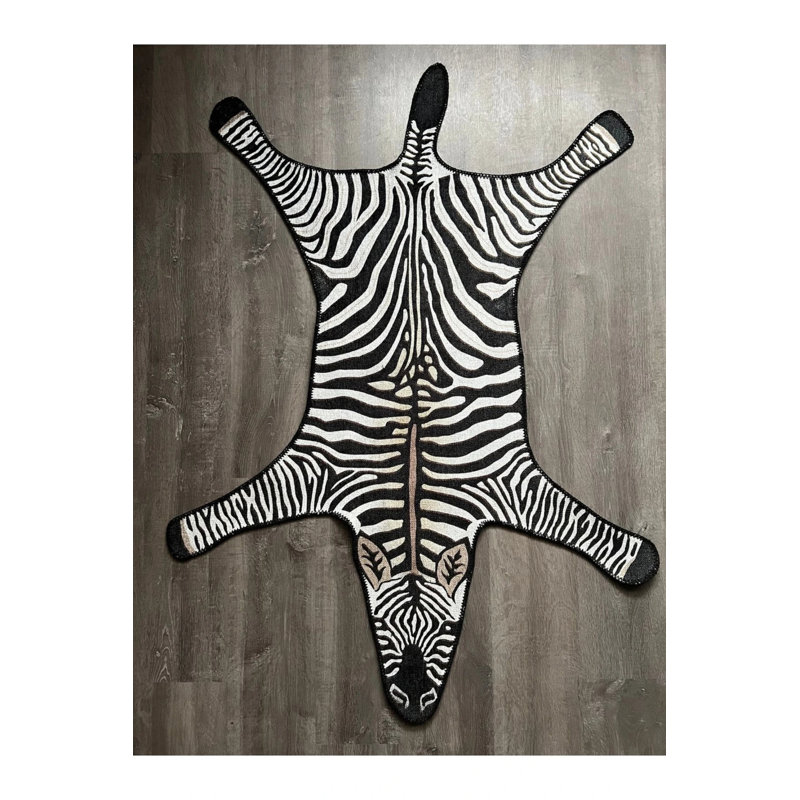 Zebra Figured Black And White Woven Carpet, Novelty 2'8" x 2'8"