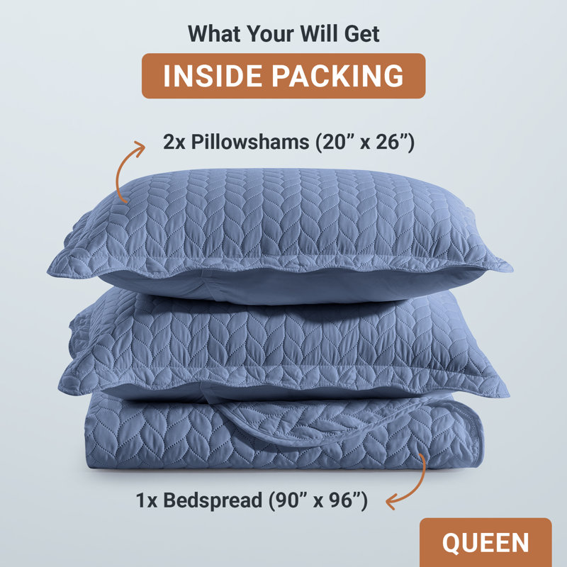 Oxford Homeware Embossed Microfiber Queen Bedspread Set - Soft and Oversized Bedding Set with Matching Shams, Washed Blue