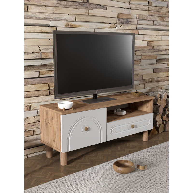 Meuble télé moderne avec option de fixation murale, pin atlantique et blanc, 40,9 po x 18,5 po x 13,8 po | Panneau de particules 100% mélaminé, 0,7 po d'épaisseur | Conception géométrique élégante avec plusieurs tablettes pour le rangement et la présentation