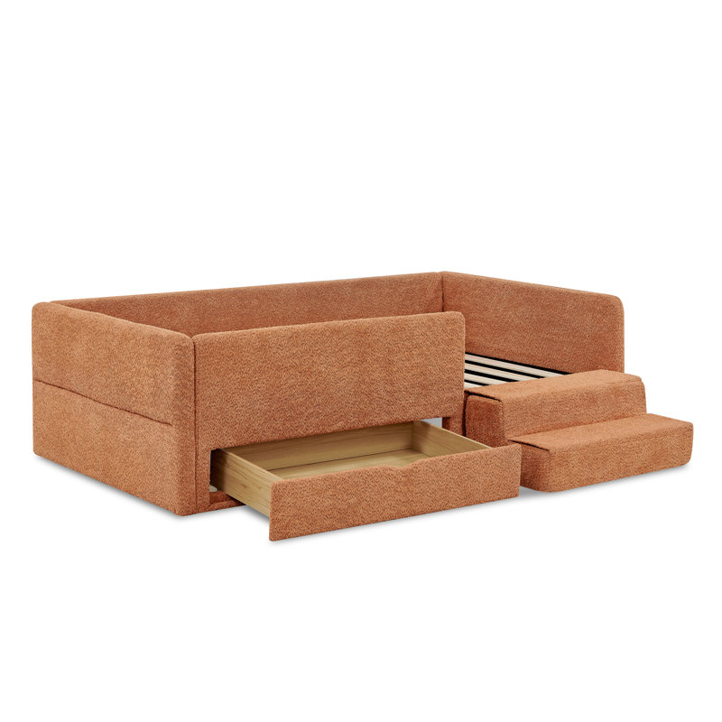 Lit simple pour enfant avec garde-corps, tabouret de rangement et marchepied, cadre de lit multifonctionnel, tissu bouclé