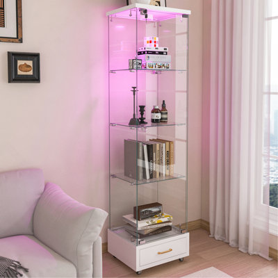 Modern Glass Display Cabinet With Drawer , Quick-Assembly Antique Cabinet With LED Lights, Tempered Glass Bookshelf,  1-Door Storage Case With 4 Shelves  For Living Room And Bedroom