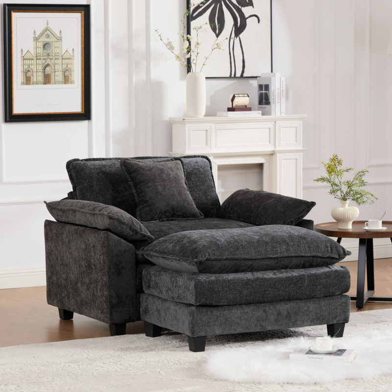 Grid 47'' W Oversized Accent Chair, Deep Seat Chenille Cloud Sofa Chair With Ottoman, Black