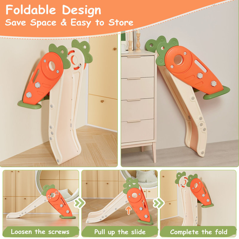 Carrot Theme Foldable Toddler Slide with Basketball Hoop