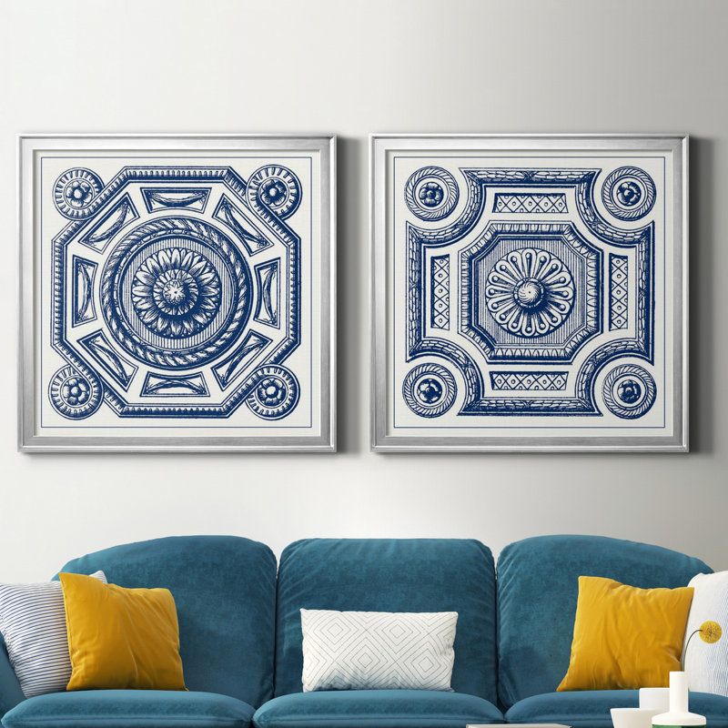 Indigo Medallion II - ensemble de 2 reproductions d'impressions, H 34,5 po x l 69 po x P 1,5 po, Toile avec cadre argenté