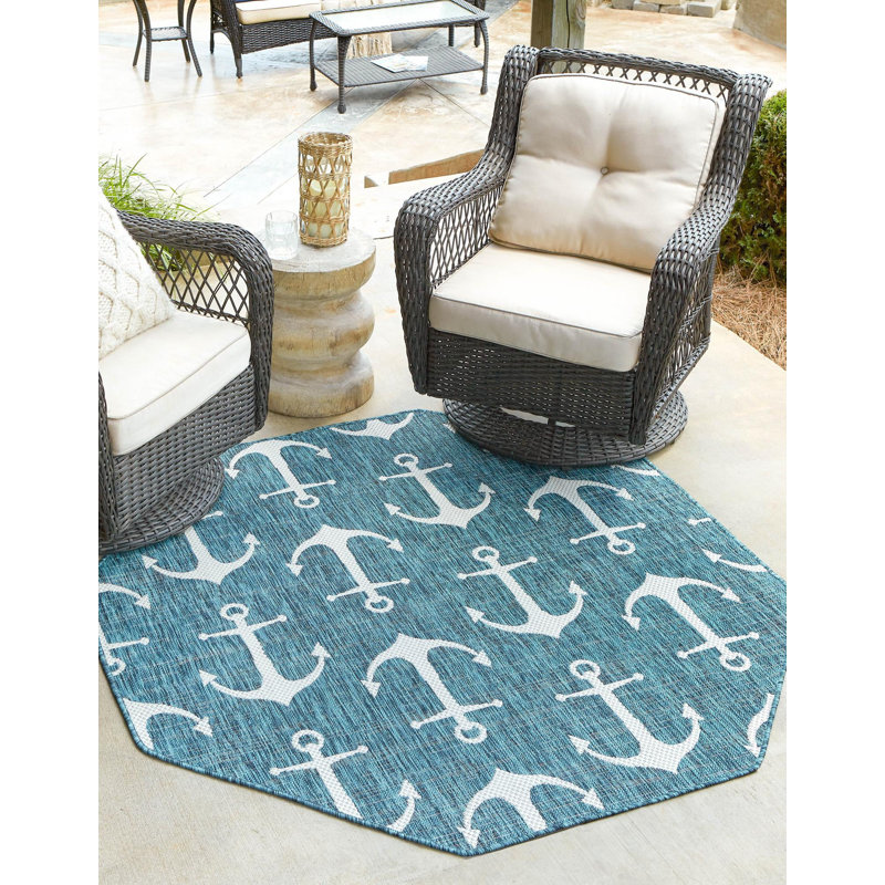 Tapis intérieur / extérieur bleu sarcelle / ivoire Glidden, Octogone 5 pi 3 po x 5 pi 3 po