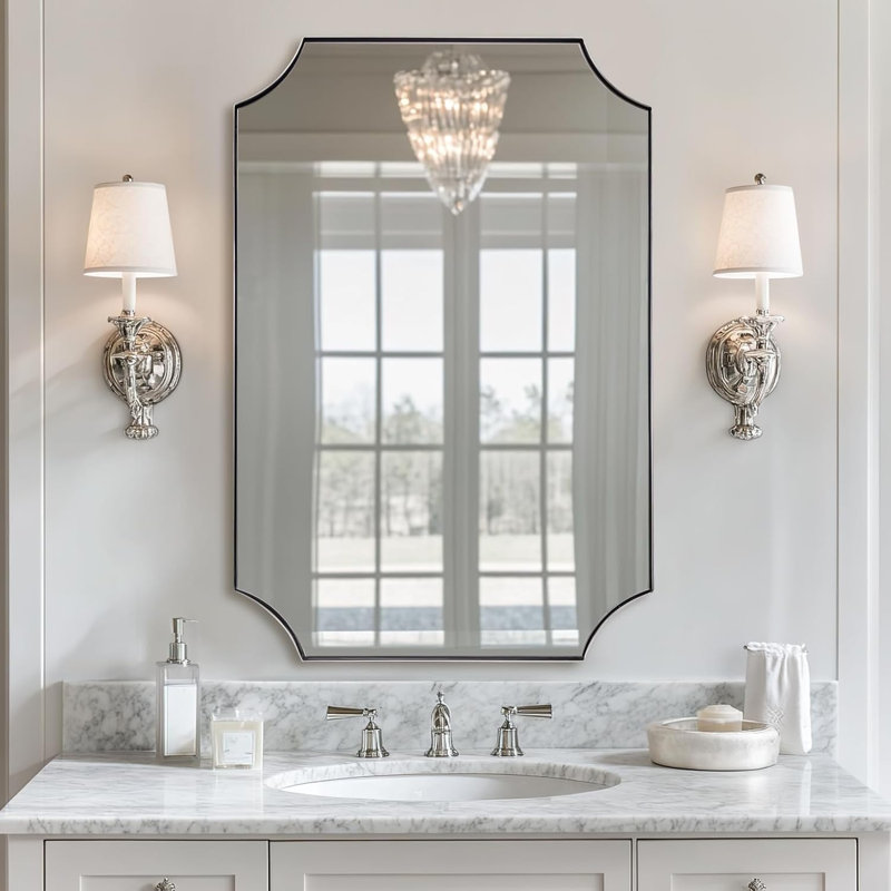 Tariro Contemporary Notched Corner Scalloped Rectangle Bathroom Vanity Mirror | Stainless Steel Frame, 36" x 24"