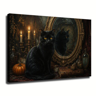 Black Cat With Golden Eyes By Antique Mirror, Candles And Witch Potion Bottles Dark Vintage Halloween Canvas Wall Art