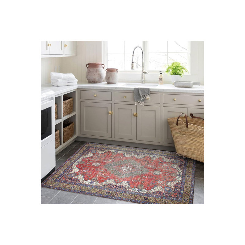 Tapis rouge lavable à motif traditionnel rouge, Sous-tapis rectangulaire de 3 pi 3 po x 4 pi 11 po