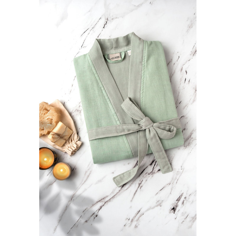 Peignoir 100% coton mi-mollet avec poches, P / M, Menthe