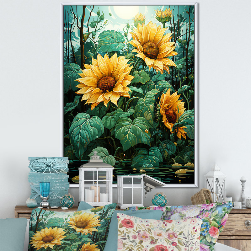 Méticuleusement tournesols I sur toile, Cadre flottant blanc, H 40 po x l 30 po x P 1,5 po