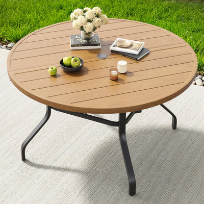Table de salle à manger ronde pour l'extérieur, table ronde de 47 po à grain de bois avec trou pour parasol de 1,57 po, tables de salle à manger d'extérieur en métal pour la cour et le bord de la piscine